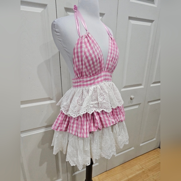 ~SOLD~ Dolls Kill Sugar Thrillz Pink Gingham Tiered Halter Smore Sweetness Dress - Picture 2 of 10